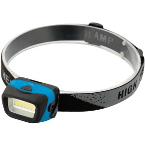 Torcia frontale blu con fascia regolabile per l'uso al buio.