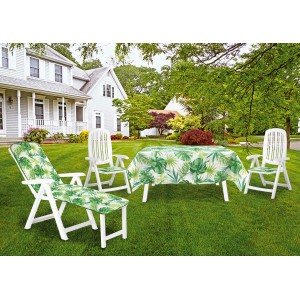 Set da giardino con tovaglia e cuscini con motivo a foglie tropicali.