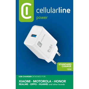 Caricatore USB bianco da 18W di Cellularline per Xiaomi, Motorola, Honor e altri marchi.