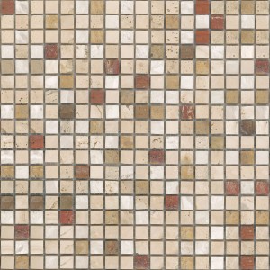 Piastrella a mosaico nei toni del beige, marrone e rosso.