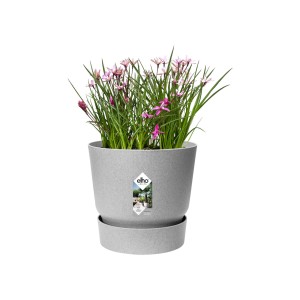Vaso per piante t.b.t. grigio con sottovaso e pianta fiorita rosa.