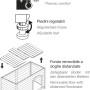 Illustrazione di una cuccia per cani con dettagli su comfort, piedini regolabili e pavimento rimovibile.