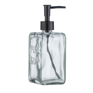Dispenser sapone in vetro con pompa nera per bagno e cucina.