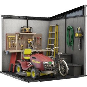 Casetta da giardino in plastica Keter 4,67 m² nero-grigia con attrezzi da giardino.