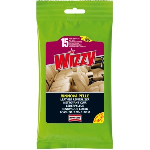 Salviette per la cura della pelle Wizzy per la cura dell'auto, 15 pezzi in sacchetto verde.