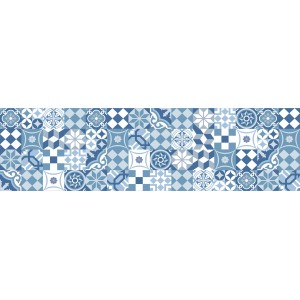 Tappeto da cucina Zerbini con motivo a piastrelle blu e bianche.