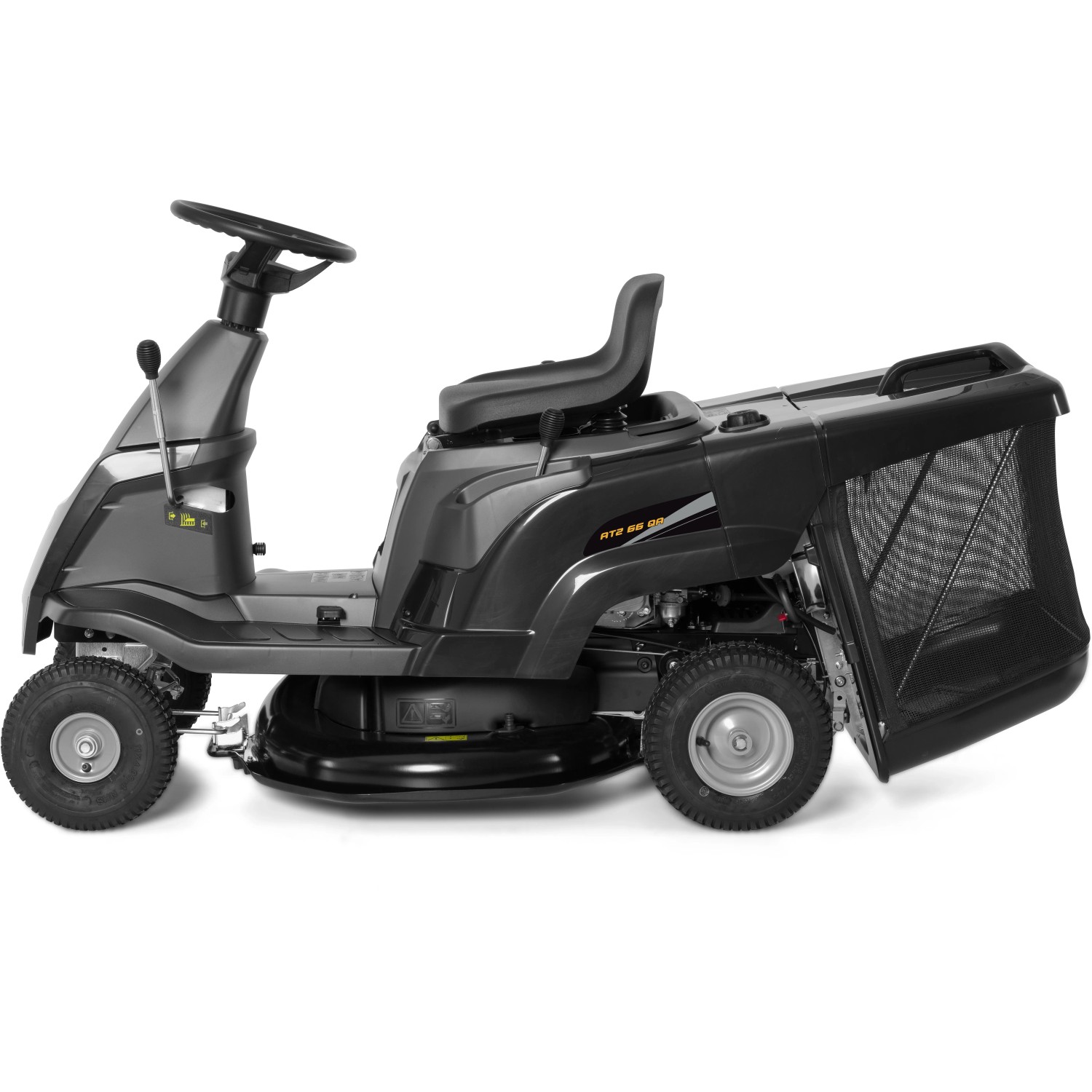 Trattorino tagliaerba Alpina AT2 66 QA, compatto con cesto di raccolta, ideale per giardini più piccoli.