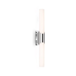 Applique LED moderna con due barre luminose e supporto cromato.