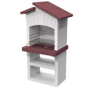 Barbecue in muratura con tetto rosso e ripiani.