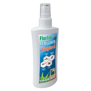 Spray antizanzare Florlis Repellente Tropical con Aloe Vera in flacone bianco con erogatore a pompa.