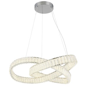 Lampada a sospensione LED moderna con anelli intrecciati ed elementi in cristallo.