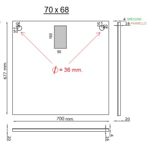 Disegno tecnico di uno specchio t.b.t. con dimensioni.