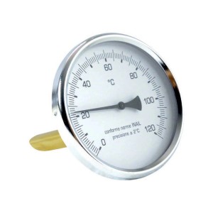 Termostato t.b.t. rotondo con bordo cromato e indicazione della temperatura in gradi Celsius.