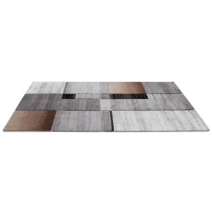 Tappeto moderno con motivo geometrico nei toni del grigio e del marrone.
