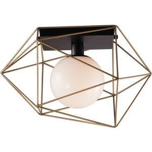 Moderna plafoniera Abraxas oro-nero con design geometrico e sfera luminosa opale.