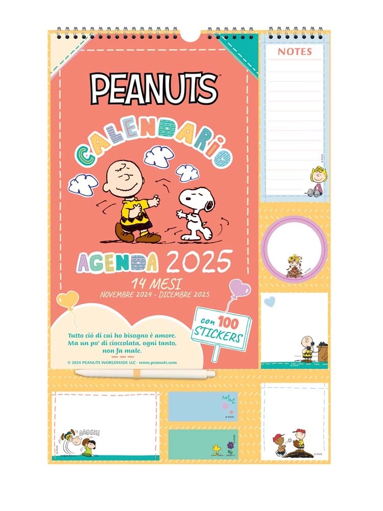 Calendario Agenda Peanuts 2025 14 mesi rosso e giallo OBI