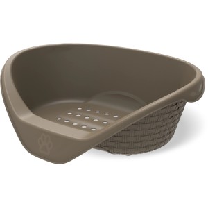 Cuccia per cani t.b.t. marrone in plastica con motivo rattan e impronta di zampa.