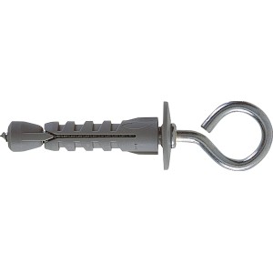 Tassello universale grigio con occhiello a gancio, adatto per vari fissaggi.