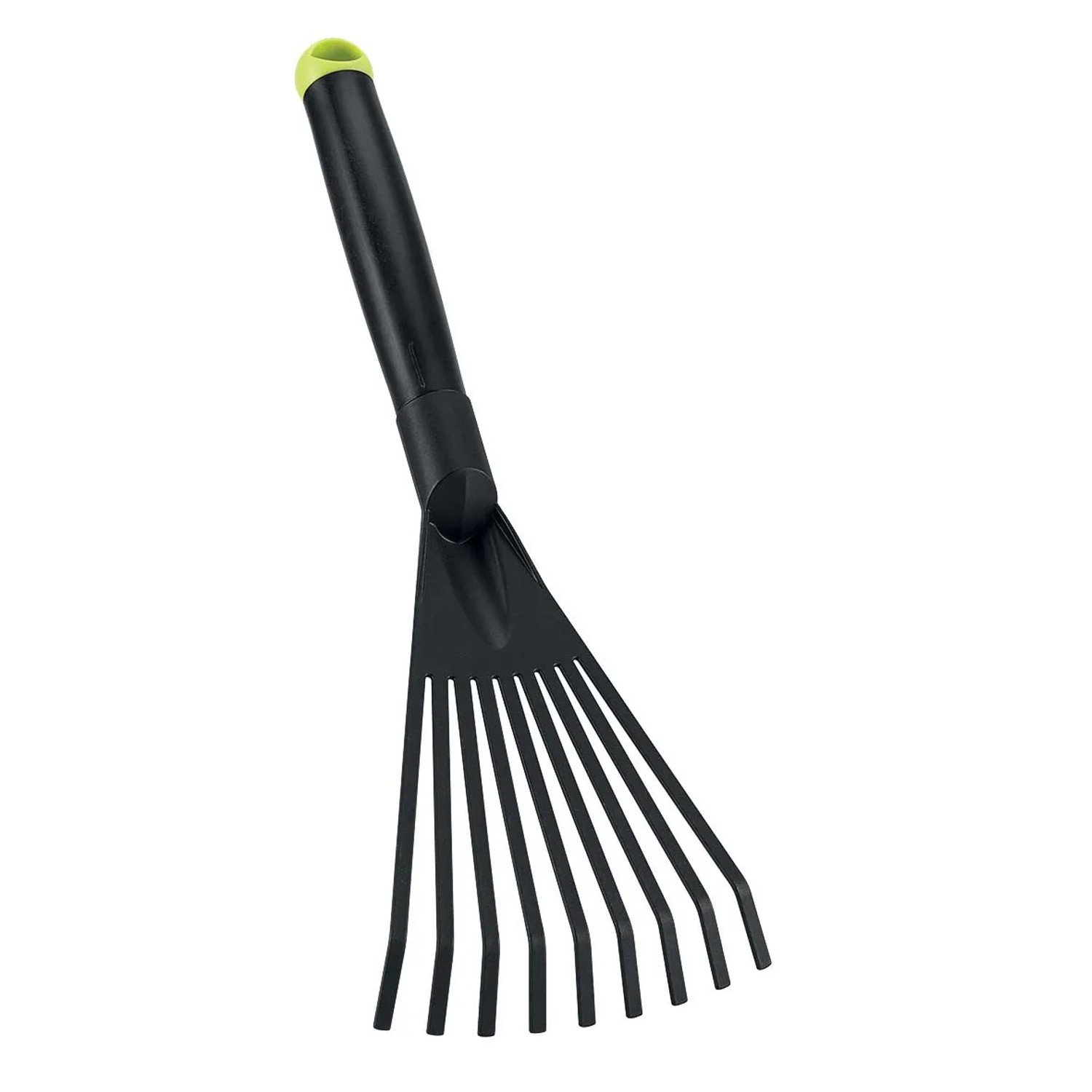 Rastrello nero per la lavorazione del terreno con manico verde.