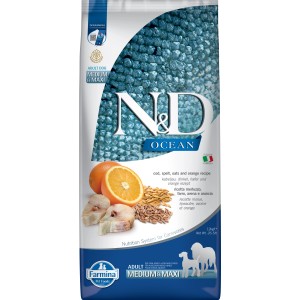 N&D Ocean cibo secco per cani, merluzzo, farro, avena e arancia, sacco.