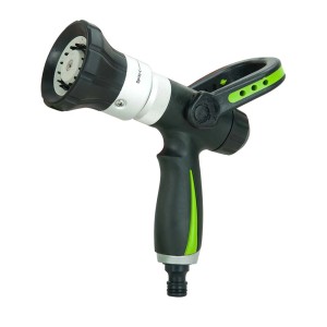 Pistola a spruzzo da giardino nera con impugnatura verde e getto regolabile.