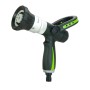 Pistola a spruzzo da giardino nera con impugnatura verde e getto regolabile.