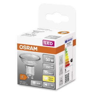 Lampadina LED GU10 Osram nella confezione. Luce bianca calda, 4.3W, 350 lumen.