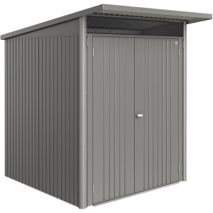 Casetta da giardino in metallo Biohort AvantGarde ECO Gr. A1, grigio quarzo metallizzato, con doppia porta.