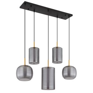 Lampada a sospensione moderna con 5 paralumi in vetro grigio a forma di cilindro e sfera.