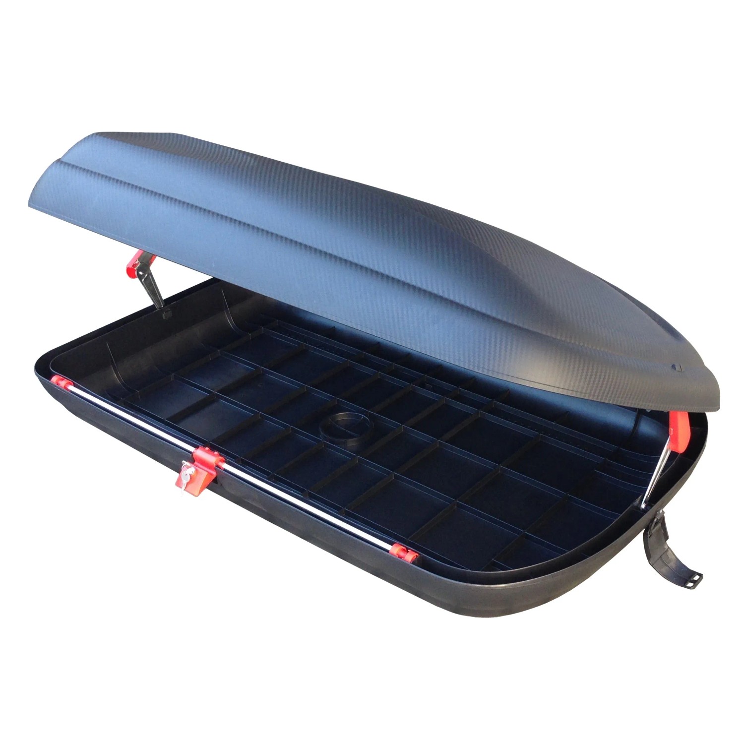 Box da tetto nera aperta per trasporto auto, accessori da viaggio e bagagli.