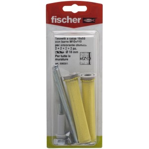 Set tasselli fischer Tasselli, manicotti gialli e viti per fissaggio a parete.
