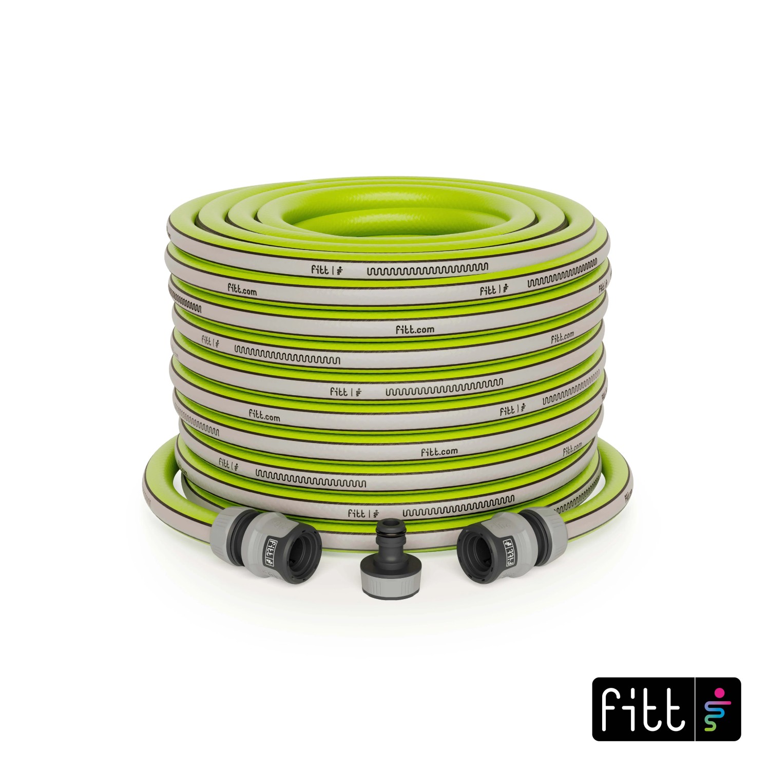 Tubo per irrigazione t.b.t. verde chiaro arrotolato con accessori.