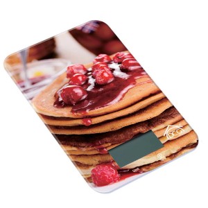 Bilancia da cucina con motivo pancake, utensili da cucina digitali per una pesatura precisa.