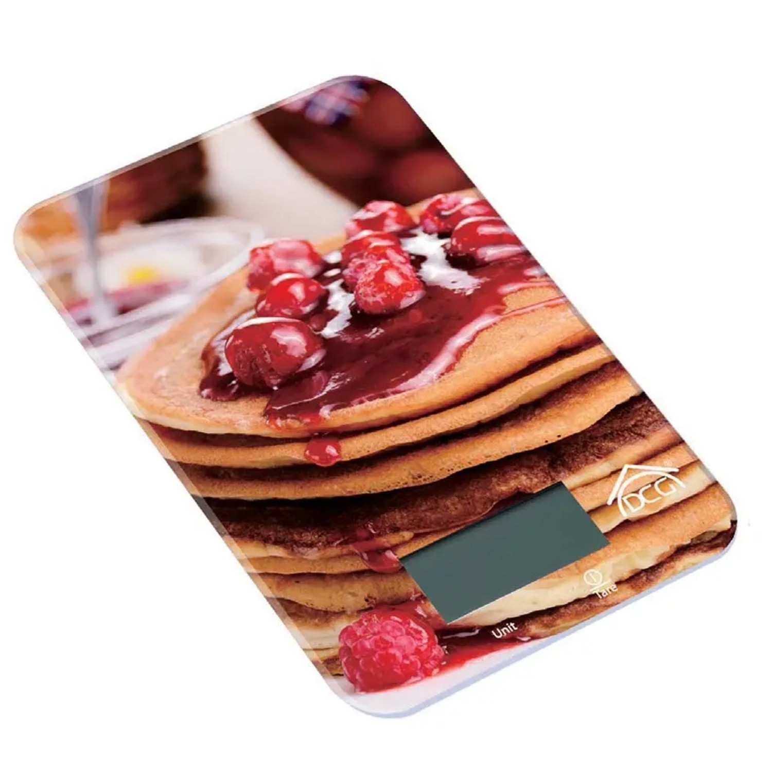 Bilancia da cucina con motivo pancake, utensili da cucina digitali per una pesatura precisa.