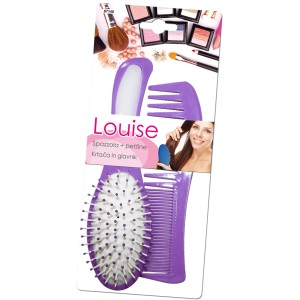 Set spazzola e pettine viola per la cura dei capelli.