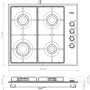 Disegno tecnico: piano cottura a incasso t.b.t. con quattro fuochi e dimensioni.
