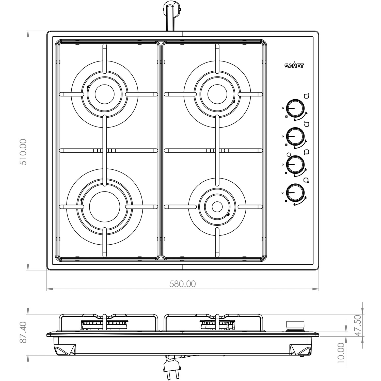 Disegno tecnico: piano cottura a incasso t.b.t. con quattro fuochi e dimensioni.