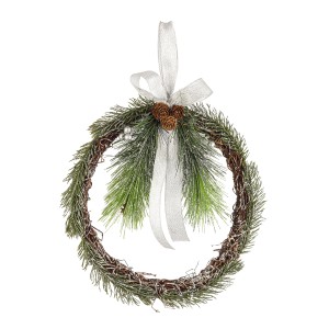 Ghirlanda natalizia con rami di abete, pigne e nastro argentato come decorazione festiva.