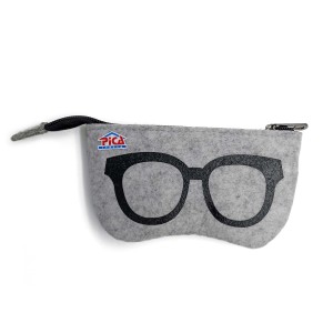 Custodia per occhiali grigia con cerniera e stampa occhiali.