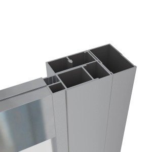 Vista dettagliata del profilo di un box doccia. Telaio in alluminio con camere cave.