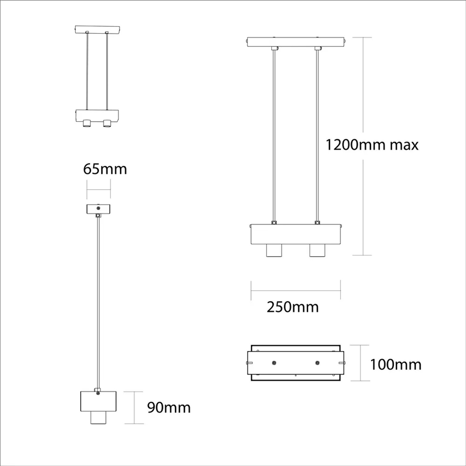 Disegno tecnico della lampada a sospensione t.b.t. con dimensioni.