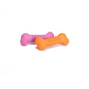 Due t.b.t. giocattoli a forma di osso per cani in arancione e rosa. Giochi da masticare per cani.