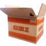 Scatola di trasloco OBI aperta con strisce arancioni e logo.