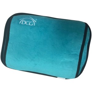 Cuscino t.b.t. turchese con bordo nero e logo.