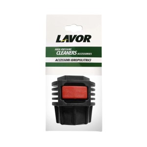 Accessorio Lavor per idropulitrice, parte in plastica nera con pulsante rosso.