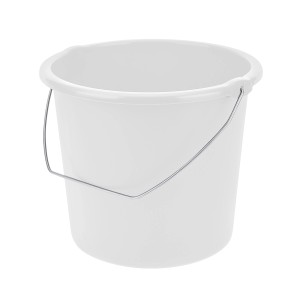 Secchio bianco con manico in metallo, contenitore multiuso.