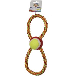 t.b.t. Gioco per cani: corda di cotone con pallina da tennis al centro.