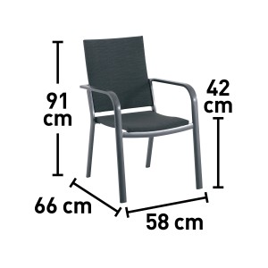 Sedia da giardino impilabile Pacora con rivestimento in tessuto e telaio in alluminio, dimensioni indicate.