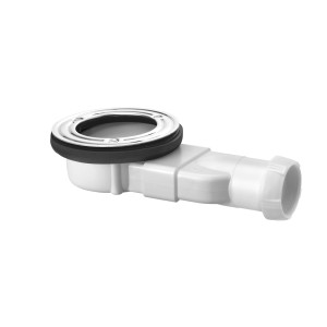 Sifone doccia bianco con anello cromato e guarnizione nera.