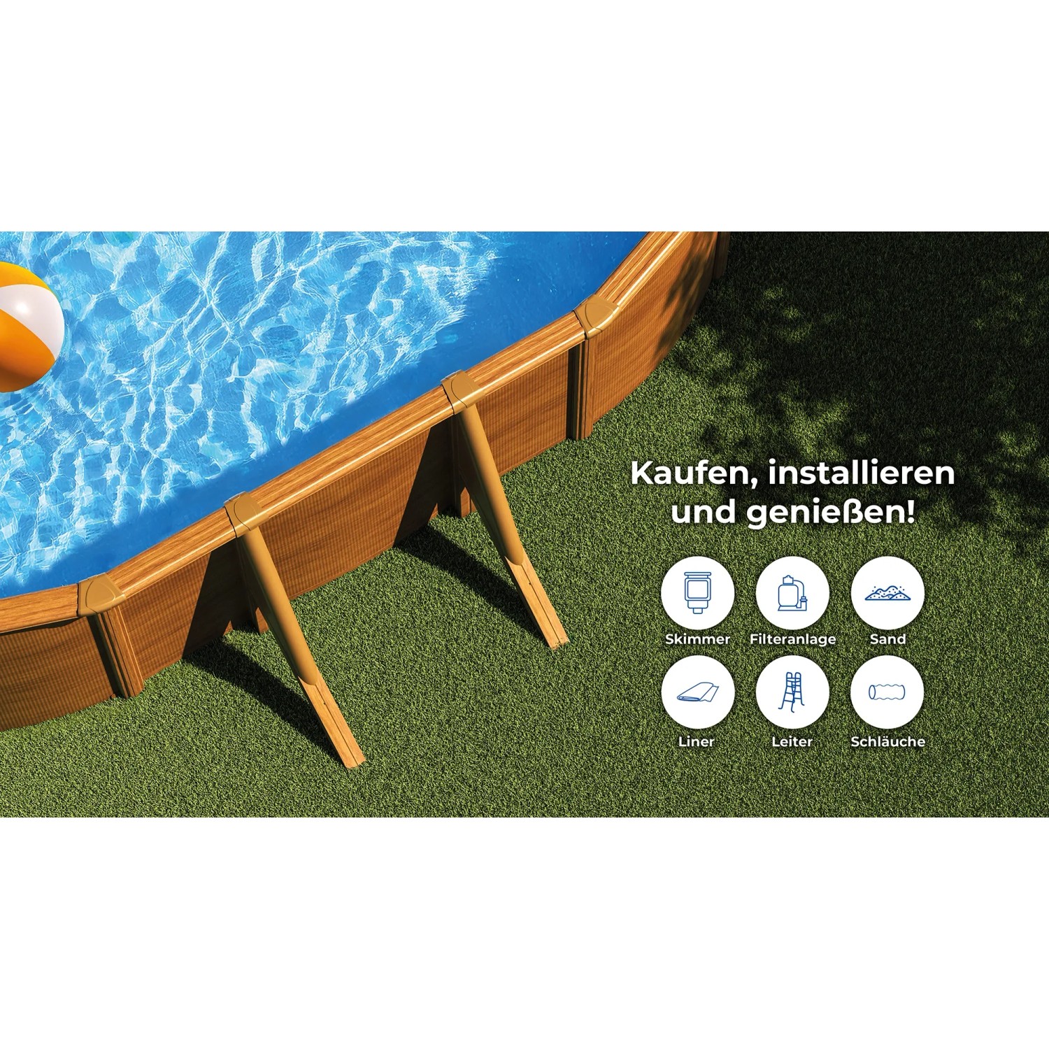 Piscina ovale Gre Pool Pacific effetto legno, piscina con pareti in acciaio per il giardino.